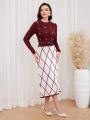 SHEIN Modely Pearl, Beaded, Rhinestone Detail Knitted Sweater Dress In Check Pattern