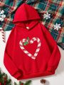 Girls' Casual Christmas Heart Pattern Long Sleeve Hoodie, Autumn/winter