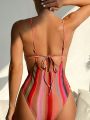 SHEIN Swim Basics Women's Striped Pattern Knotted Backless One Piece Swimsuit