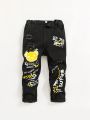 SHEIN Boys' Streetwear Style Comfortable Irregular Cutout Colorful Graffiti Print Black Jeans Pants