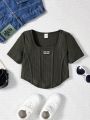 SHEIN Kids Cooltwn Girls' Fashionable Sport Knit Solid Roudn Neck Short Sleeve T-shirt