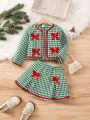 Young Girl Houndstooth Print Bow Front Jacket & Fold Pleated Skirt