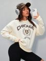 Badge Letter Printed Round Neck Drop Shoulder Sweatshirt