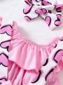 SHEIN 3pcs Baby Girls' Casual Heart Pattern Printed Overalls, Ruffled Top And Bow Headband, Suitable For Spring Or Summer Outing