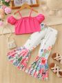 SHEIN Kids CHARMNG Little Girl'S Two-Piece Off-The-Shoulder Top And Romantic Floral Print Flared Pants Set