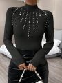 SHEIN Privé Pearls Beaded Mock Neck Sweater