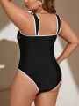 SHEIN Swim Chicsea Plus Size Women'S Color Block Wide Strap One Piece Swimsuit