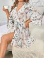 Women's Floral Printed Robe With Ruffles And Trims