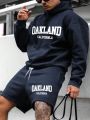 Men Plus Letter Graphic Kangaroo Pocket Hoodie & Drawstring Waist Shorts