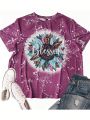 Plus Size Women'S Retro Sunflower Printed Short Sleeve T-Shirt With Round Neckline