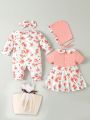 SHEIN Newborn Baby Girls' Flower Patterned Gift Box Set, Including Romper, Headband, Shoes And Socks