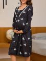 Pregnant Women's Lace Patchwork Butterfly Pattern Print Nightgown