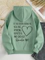 Plus Heart & Slogan Graphic Kangaroo Pocket Drawstring Thermal Lined Hoodie