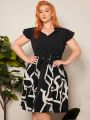 SHEIN CURVE+ Plus Size Women's Printed Dress With Ruffle Hem And Waist Belt