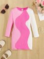 SHEIN Kids Y2Kool Young Girl Colorblock Ribbed Knit Dress