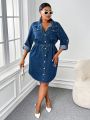 SHEIN SXY Plus Roll Tab Sleeve Belted Denim Dress