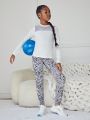 SHEIN Tween Girl Leopard Print Crisscross Back Sports Bra & Leggings & Tee