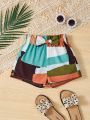 SHEIN Kids SUNSHNE Little Girls' Woven Patchwork Printed Loose Casual Beach Shorts