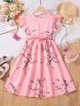 Tween Girl Floral Print Ruffle Trim Belted Dress