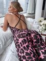 Leopard Print Crisscross Back Lace Trim Mesh Cami Lounge Jumpsuit