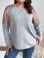 SHEIN Frenchy Women's Plus Size Sequin Patchwork Round Neck Long Sleeve T-shirt