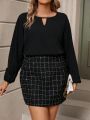 Plus Size Lantern Sleeve Top With Keyhole Neckline And Patterned Woolen Skirt Two Piece Set