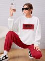 Teen Girls' Knitted Sweater And Pants Set With Letter Printed Round Neck