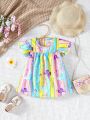 Baby Girls' Rainbow Butterfly Pattern Printed Round Neck Dress With Sun Hat Set, Ideal For Vacation