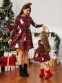 SHEIN Young Girl 1pc Christmas Tree & Plaid Print Dress