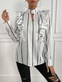 SHEIN Privé Women's Striped Shirt With Lace Collar