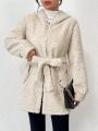 SHEIN Frenchy Solid Color Hooded Furry Mid-length Coat With Pockets