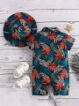 Baby Boy's Fashionable Tropical Plants & Flowers Print Shirt Romper With Matching Hat, Perfect For Spring/Summer Vacation