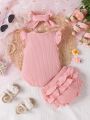 SHEIN Baby Girls' Ribbed Cute Bodysuit Set, Simple And Lovely, For Newborns