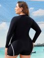 SHEIN Swim SPRTY Plus Size Color Matching Trimmed Long Sleeve One-Piece Swimsuit