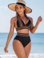 SHEIN Swim BohoFeel Women's Embroidery & Woven Band Bikini Swimsuit With Halter Neck Strap Set