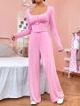 SHEIN Qutie Pink Knitted Lettuce Hem Edge Two Pieces Set