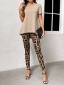 EMERY ROSE Women's Round Neck Short Sleeve Printed Color Block Long Pants Two Piece Set