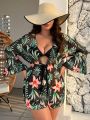 SHEIN Swim Vcay Plus Size Tropical Print Kimono Dress With Bell Sleeves And Drawstring Waist