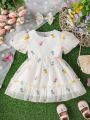Baby Girls' Puff Sleeve Embroidered Floral Princess Dress For Summer