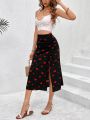 SHEIN VCAY Valentine's Day Women's Half-Skirt With Heart-Shaped Print, Drawstring And Split Hem