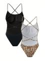 SHEIN Swim BAE Women's Solid Color And Leopard Printed One-piece Swimsuit With Matching Cover-up Set