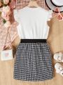 Girls' Heart-Shaped Applique & Houndstooth Half Skirt 2 Pcs Outfit