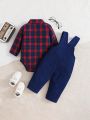 Baby Boys' Plaid Patterned Overalls Romper Jumpsuit Set For Fall/Winter