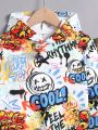 SHEIN Kids HYPEME Boys' Cute Comfortable Cartoon English Pattern Hooded Sweatshirt And Pants Set