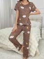 Cartoon Printed T-Shirt And Pants Sleepwear Set