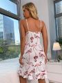 Flamingo Print Lace Trim Ruffle Hem Cami Nightdress