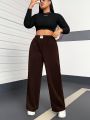 Women's Plus Size Wide-leg Pants With Letter Patch Decoration And Elastic Waistband