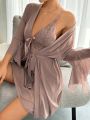 Contrast Lace Flounce Sleeve Bow Front Mesh Robe & Cami Dress PJ Set