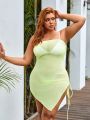 SHEIN Swim Vcay Plus Size 1pc Strapless Cover Up Dress With Asymmetric Hem And Mesh Detailing