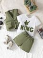 3pcs Baby Boy's Casual Crown & Letter Printed T-Shirt + Solid Color Vest + Shorts Set